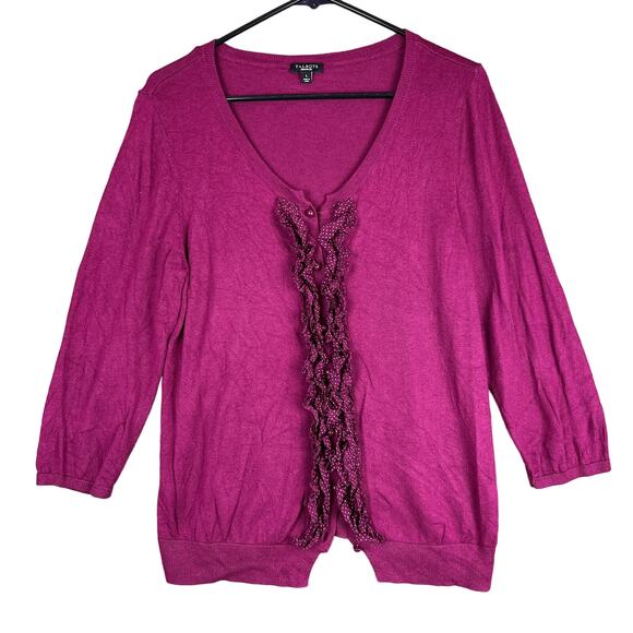Talbots Womens Sweater Magenta Cardigan Silk Cotton Blend Ruffle Scoop Neck L - Picture 1 of 13